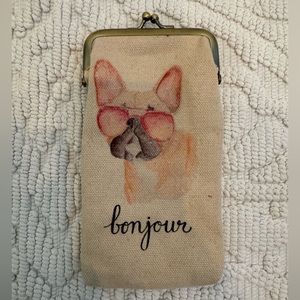 Anthropologie bonjour large, French bulldog, linen color and pink, coin purse